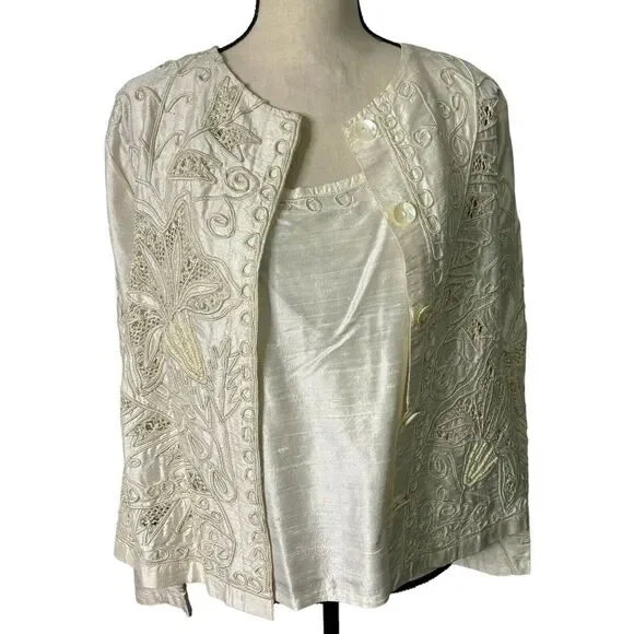 Sandy Starkman Skirt Set Womens‎ 1X White 100% Silk Beaded 3 Piece Vintage - Picture 7 of 16